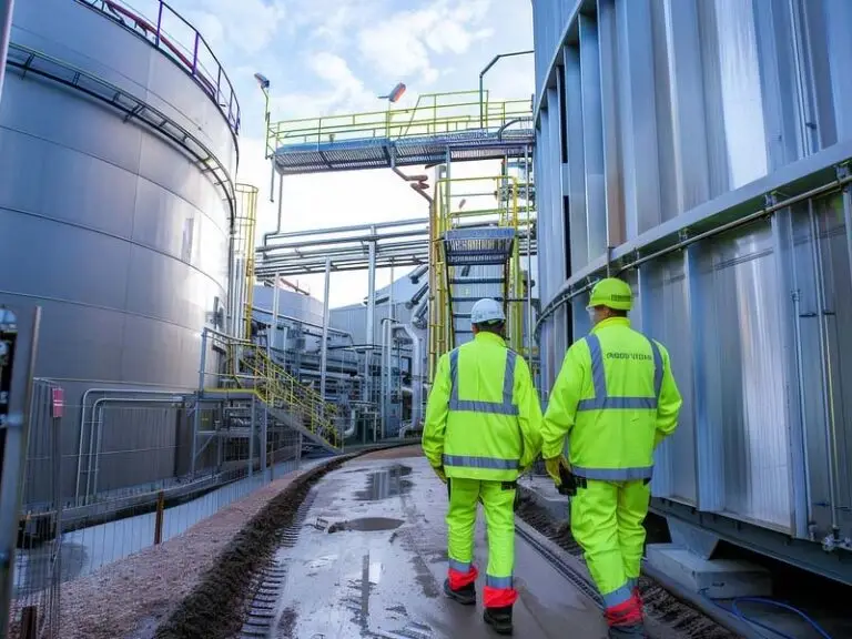 two safety professionals in high-vis gear inspecting industrial storage tanks